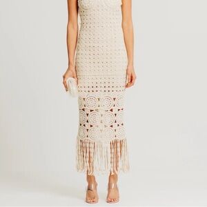 Torn by Ronny Kobo Neutral Boho Crocheted Fringe Midi Dress Size L